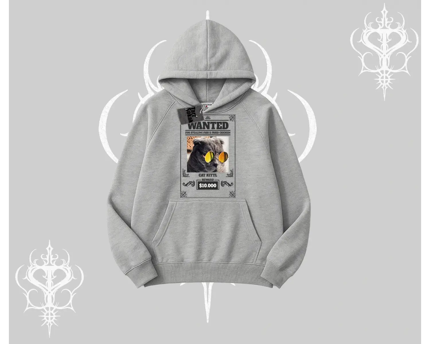 Wanted Temalı Kedi Baskılı Kapşonlu Sweatshirt