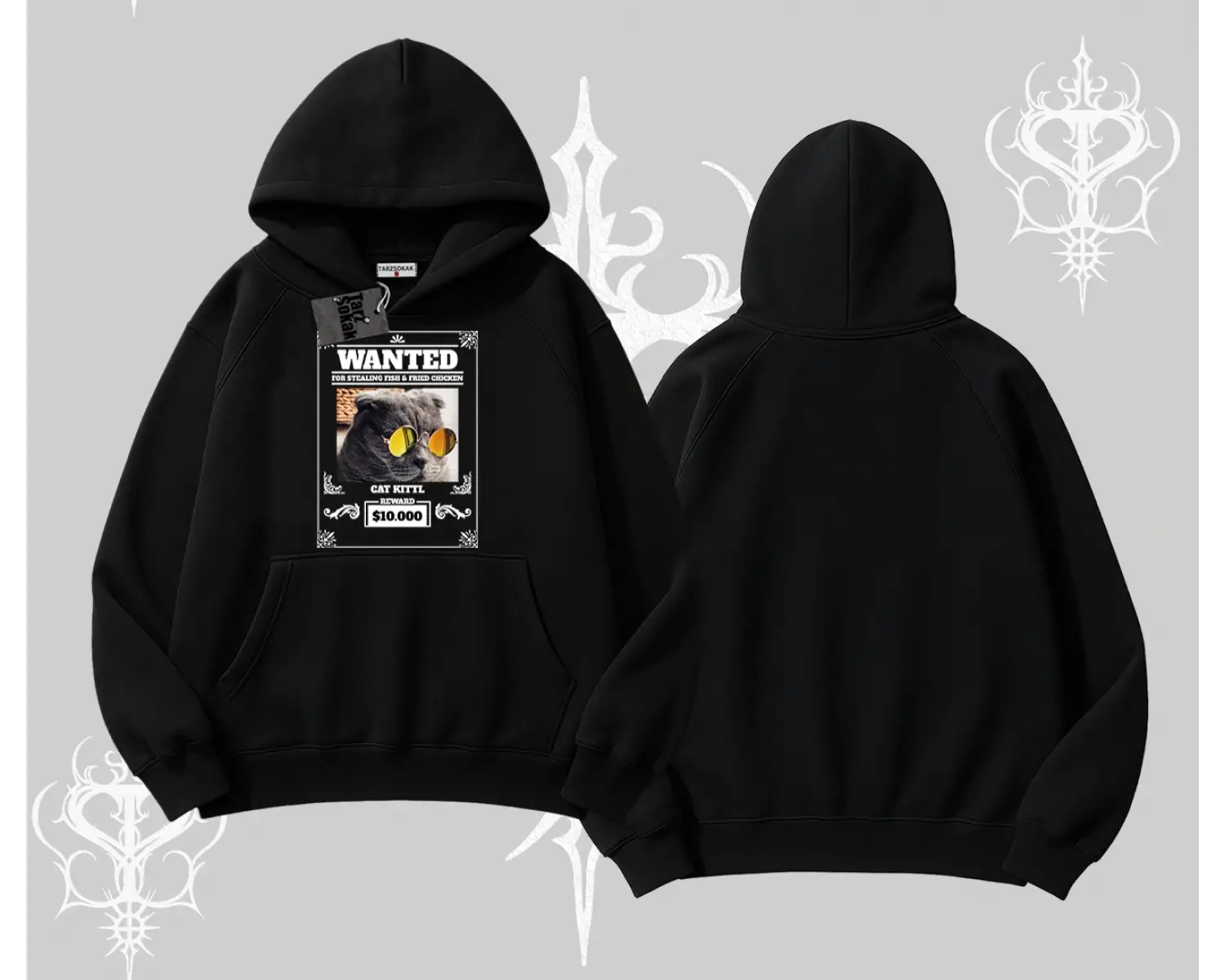 Wanted Temalı Kedi Baskılı Kapşonlu Sweatshirt