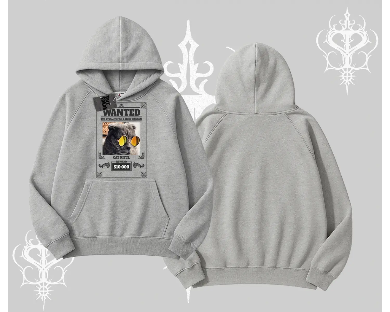 Wanted Temalı Kedi Baskılı Kapşonlu Sweatshirt