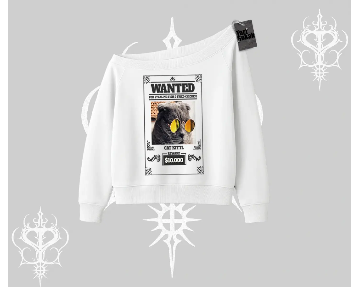 Wanted Temalı Kedi Baskılı Kayık Yaka Sweatshirt