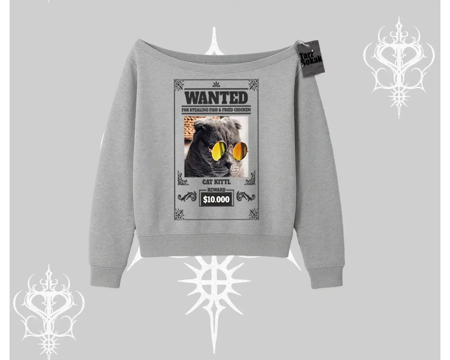 Wanted Temalı Kedi Baskılı Kayık Yaka Sweatshirt