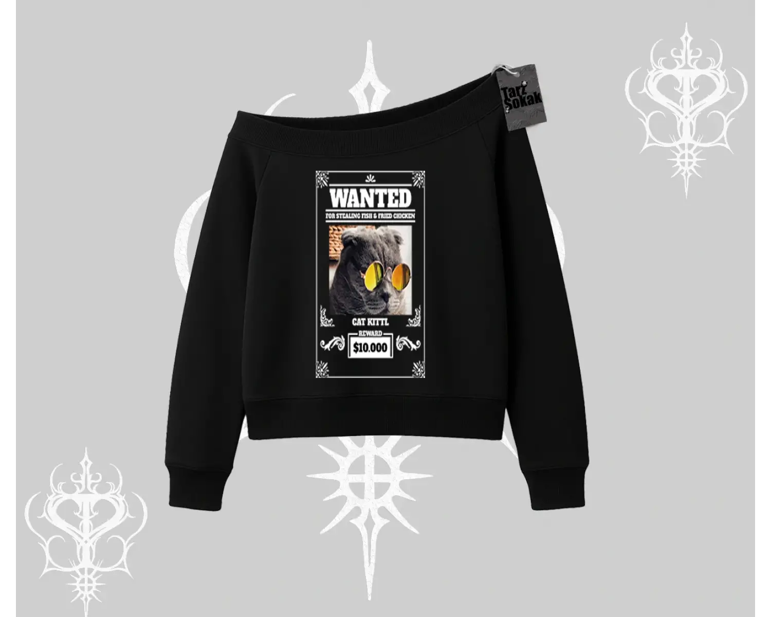 Wanted Temalı Kedi Baskılı Kayık Yaka Sweatshirt