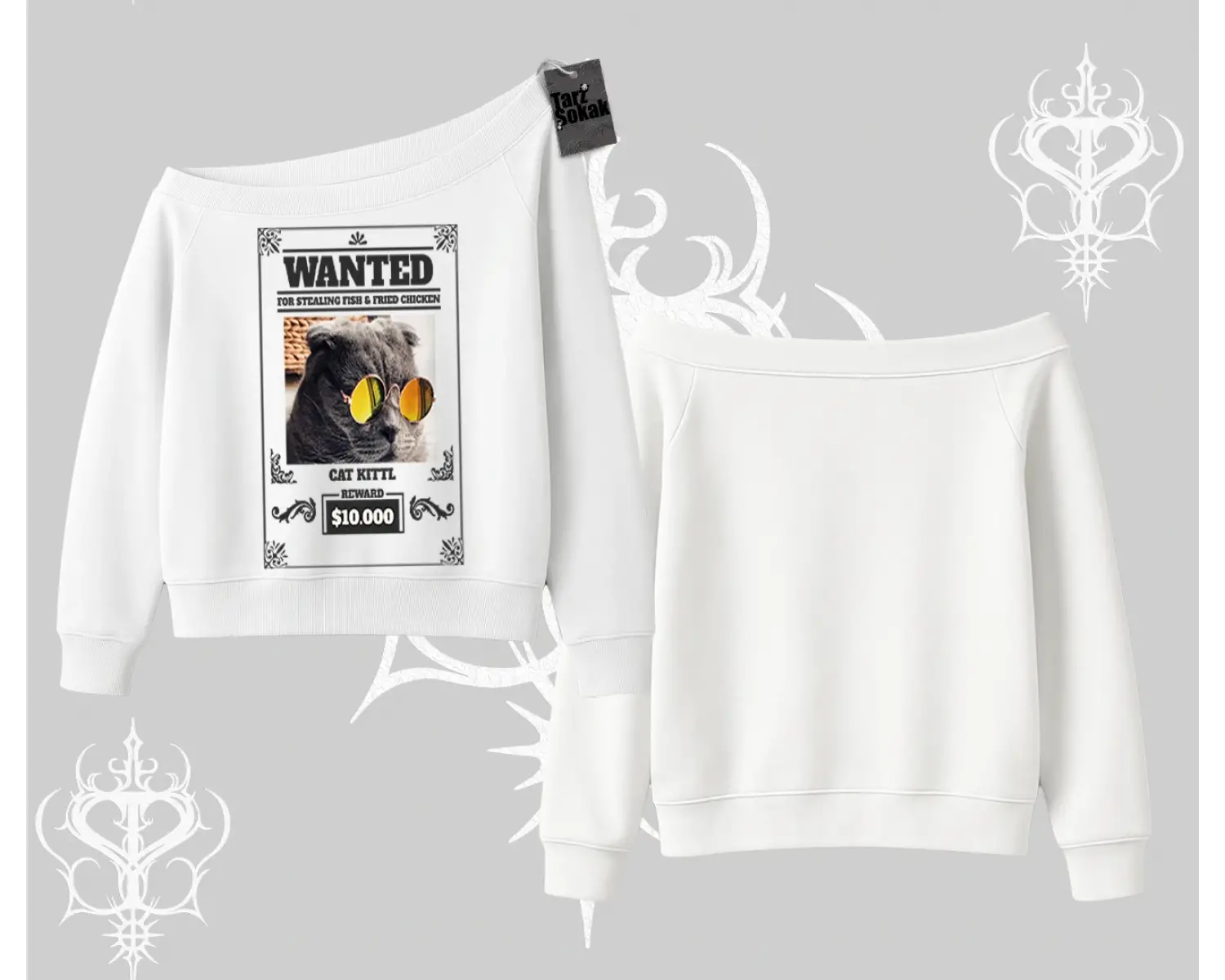 Wanted Temalı Kedi Baskılı Kayık Yaka Sweatshirt