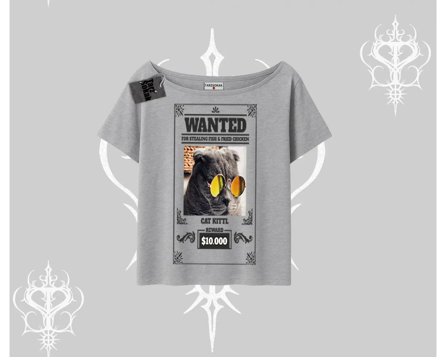 Wanted Temalı Kedi Baskılı Kayık Yaka Tshirt