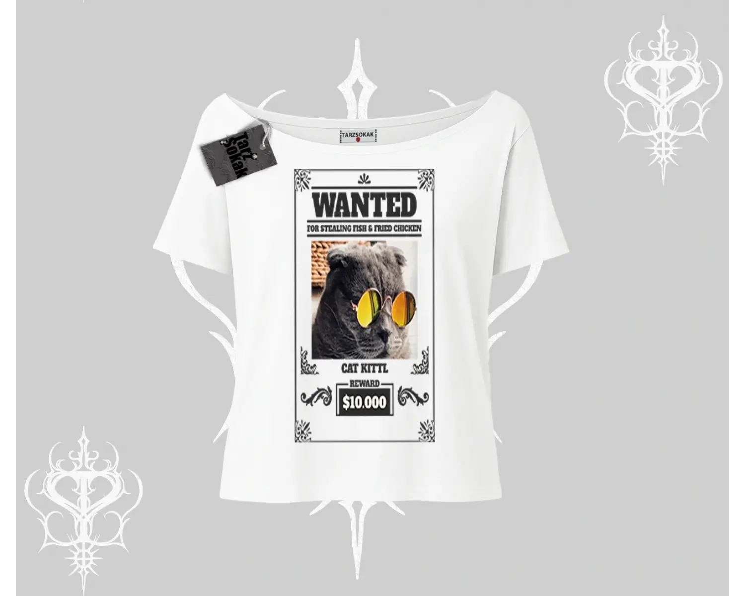 Wanted Temalı Kedi Baskılı Kayık Yaka Tshirt