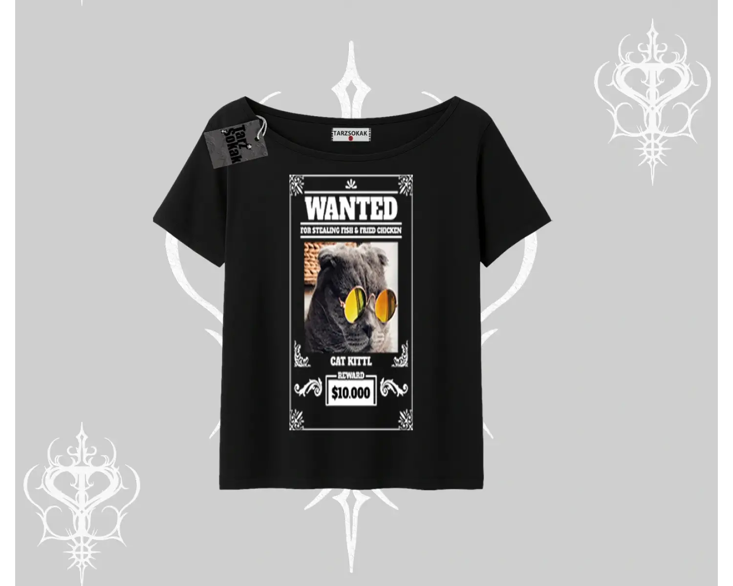 Wanted Temalı Kedi Baskılı Kayık Yaka Tshirt