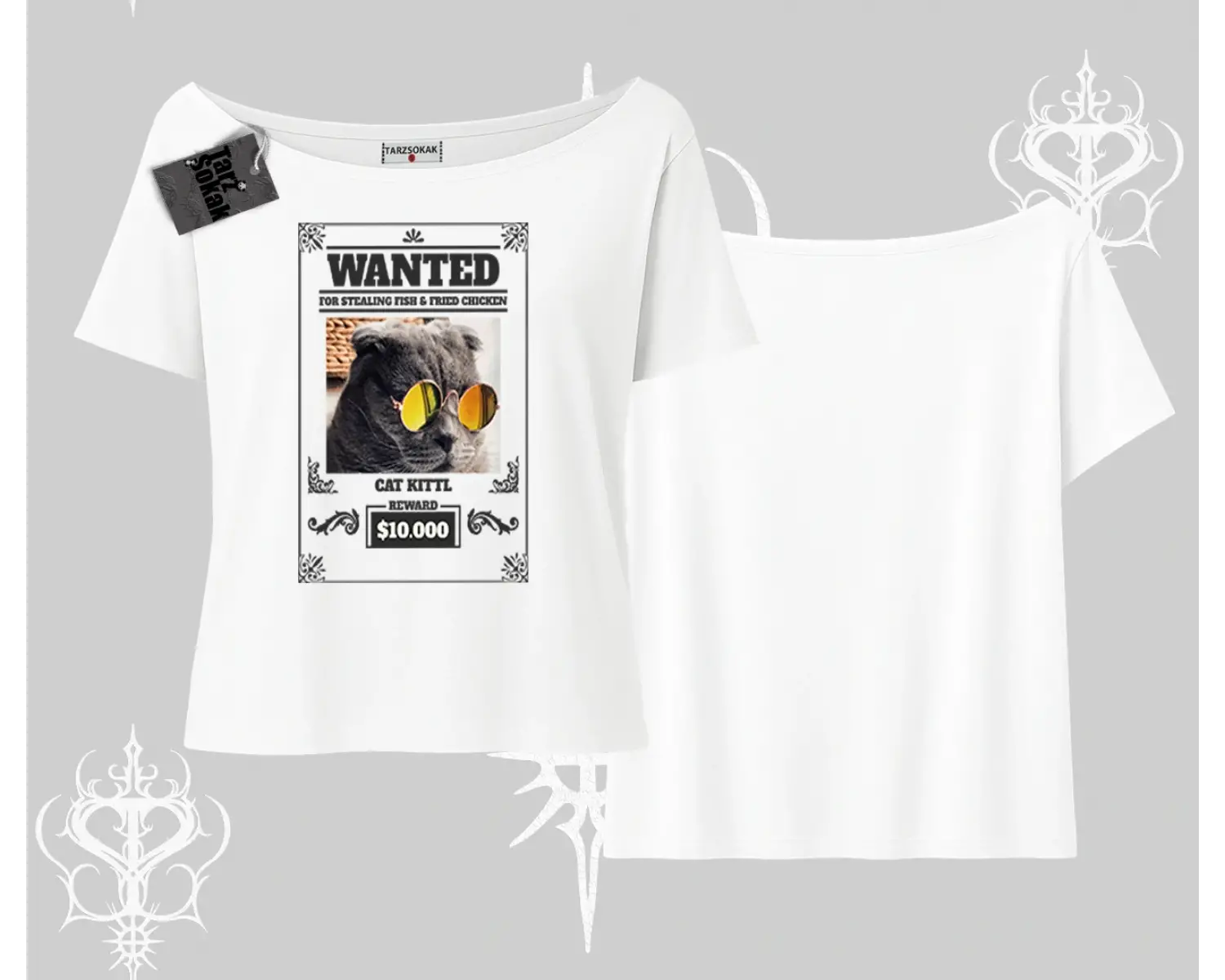 Wanted Temalı Kedi Baskılı Kayık Yaka Tshirt