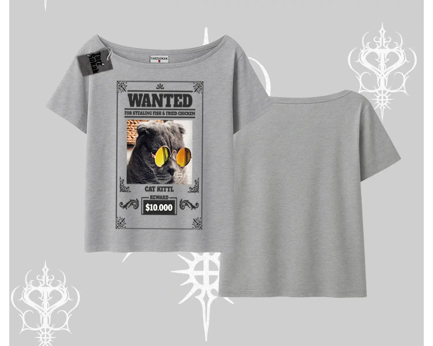 Wanted Temalı Kedi Baskılı Kayık Yaka Tshirt