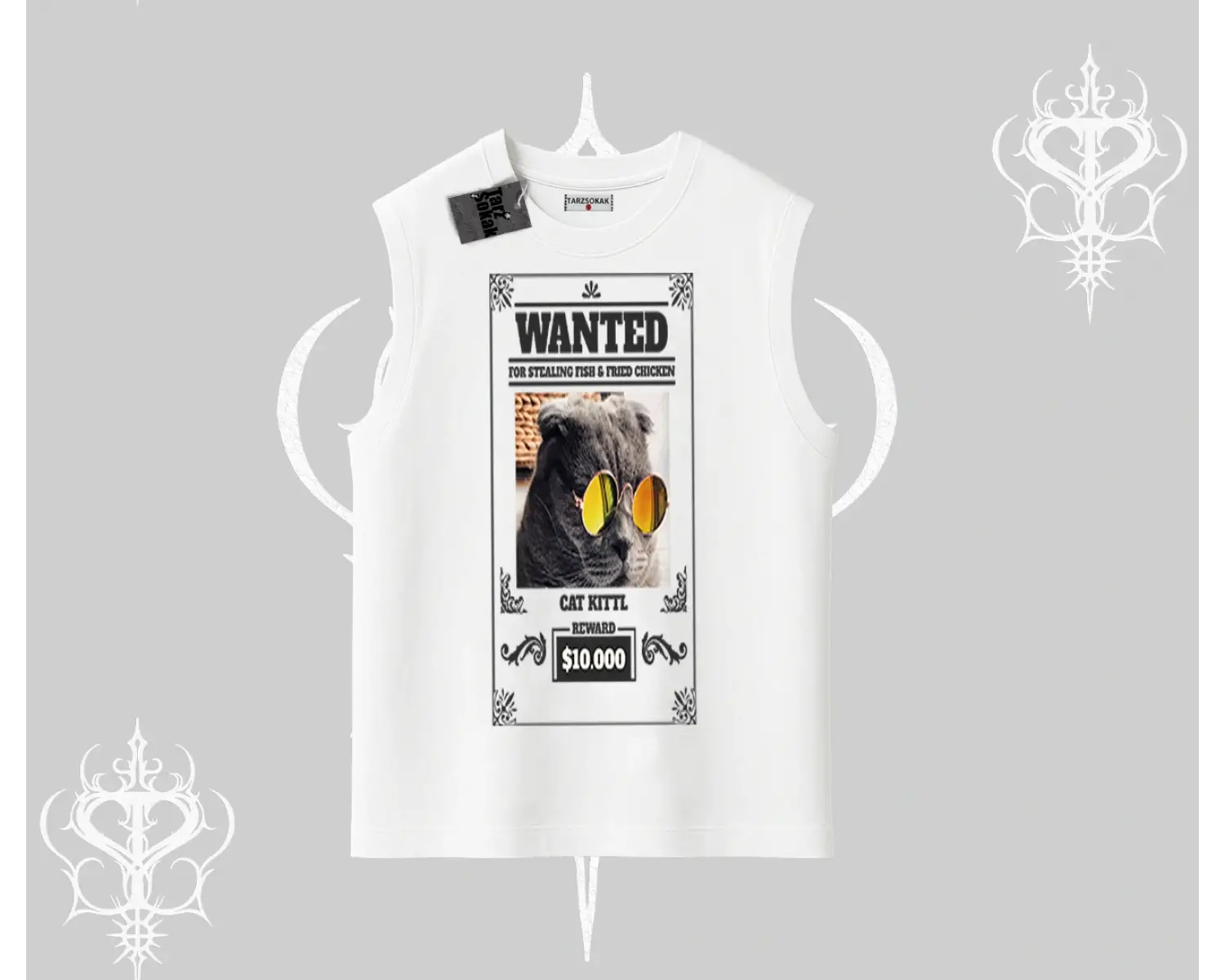 Wanted Temalı Kedi Baskılı Kolsuz Tshirt