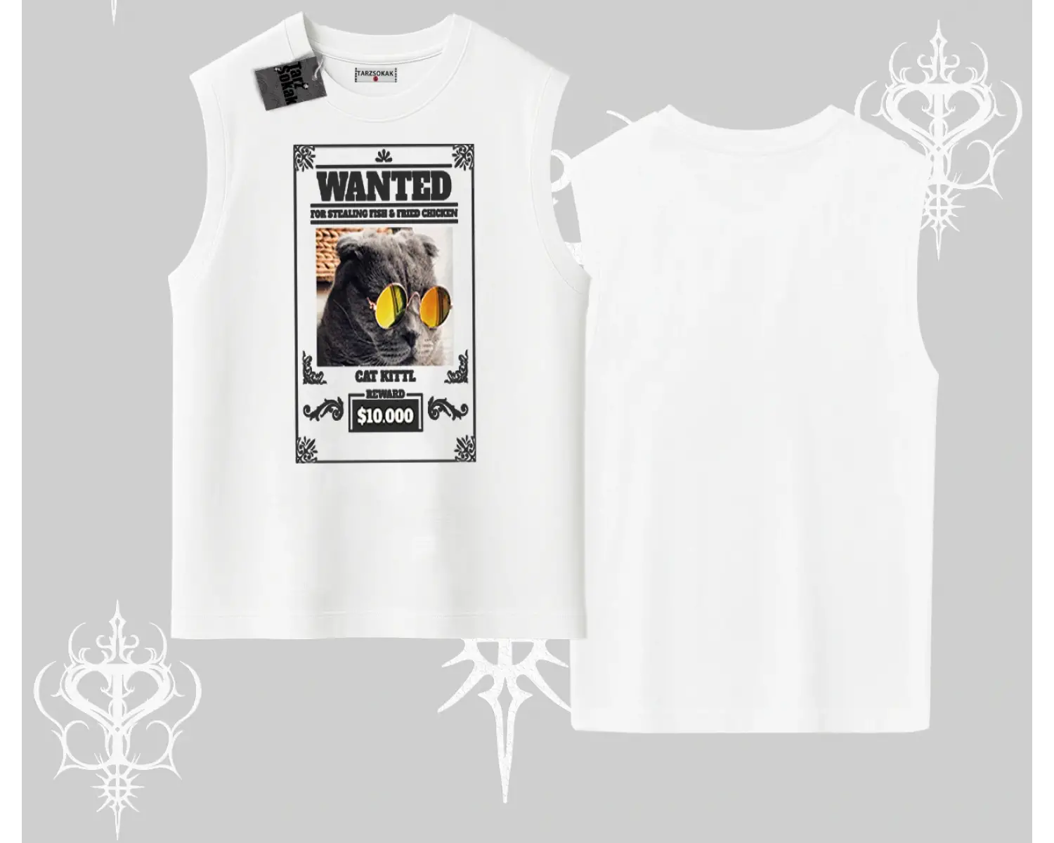 Wanted Temalı Kedi Baskılı Kolsuz Tshirt