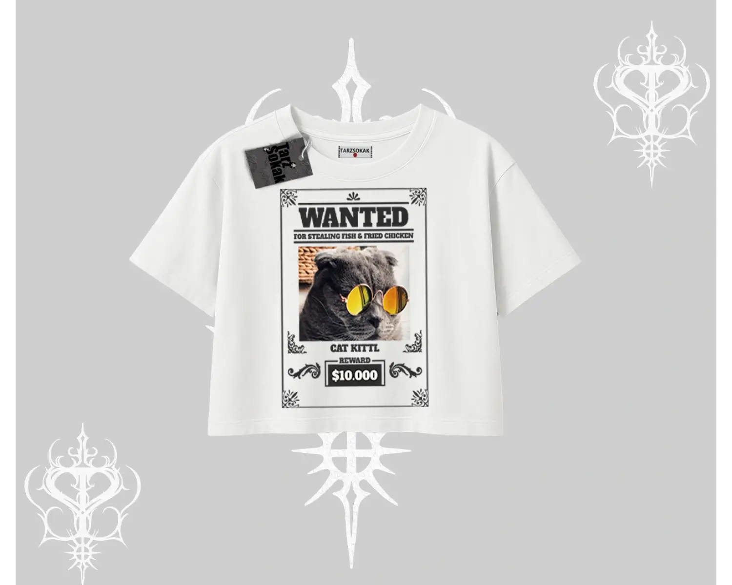 Wanted Temalı Kedi Baskılı Oversize Crop Tshirt