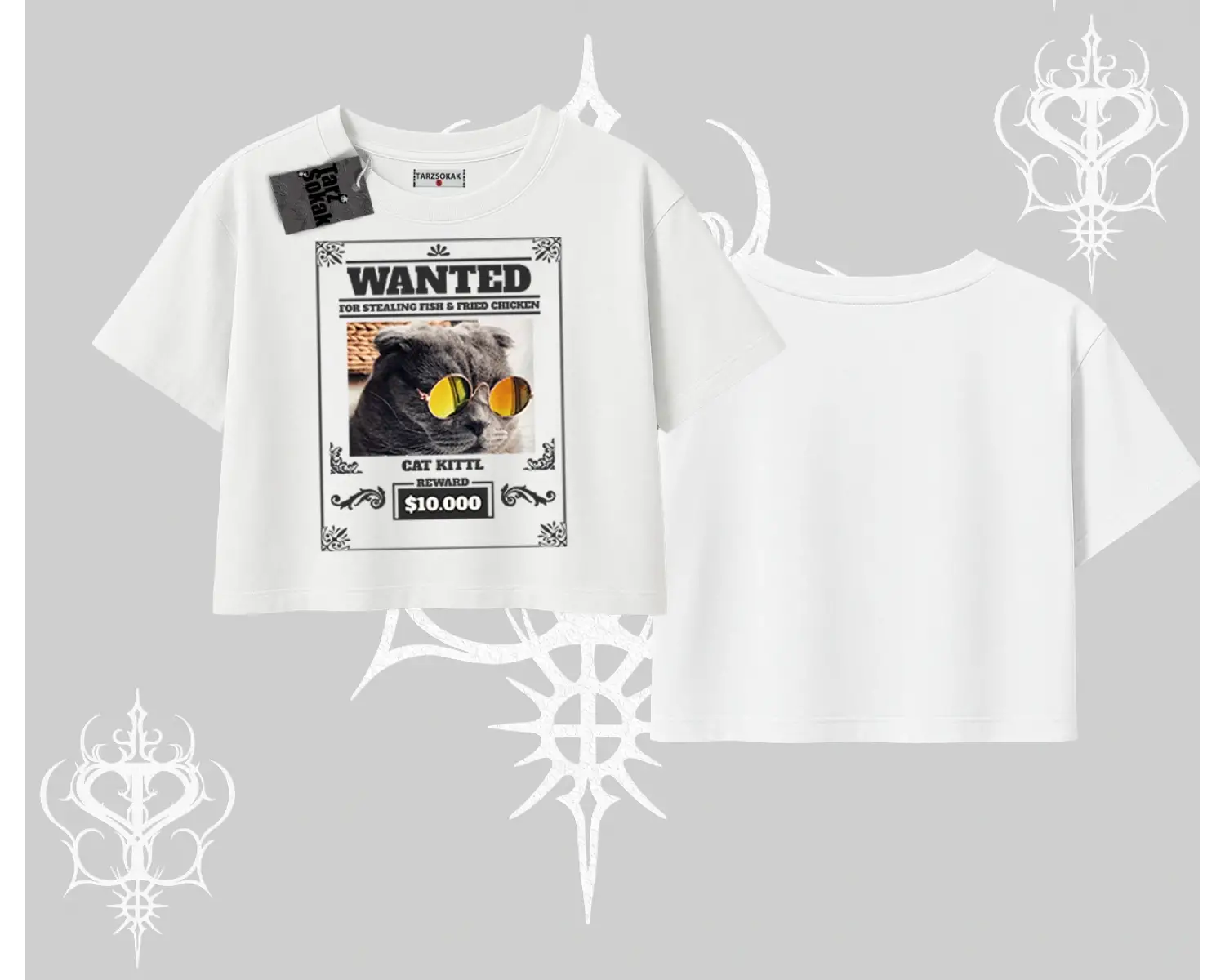 Wanted Temalı Kedi Baskılı Oversize Crop Tshirt