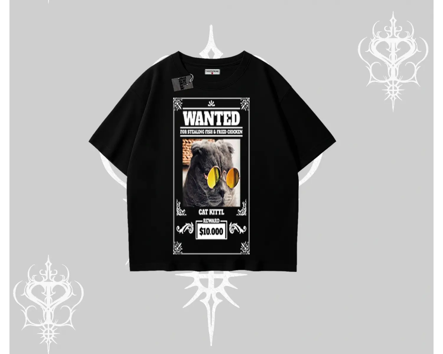 Wanted Temalı Kedi Baskılı Oversize Tshirt