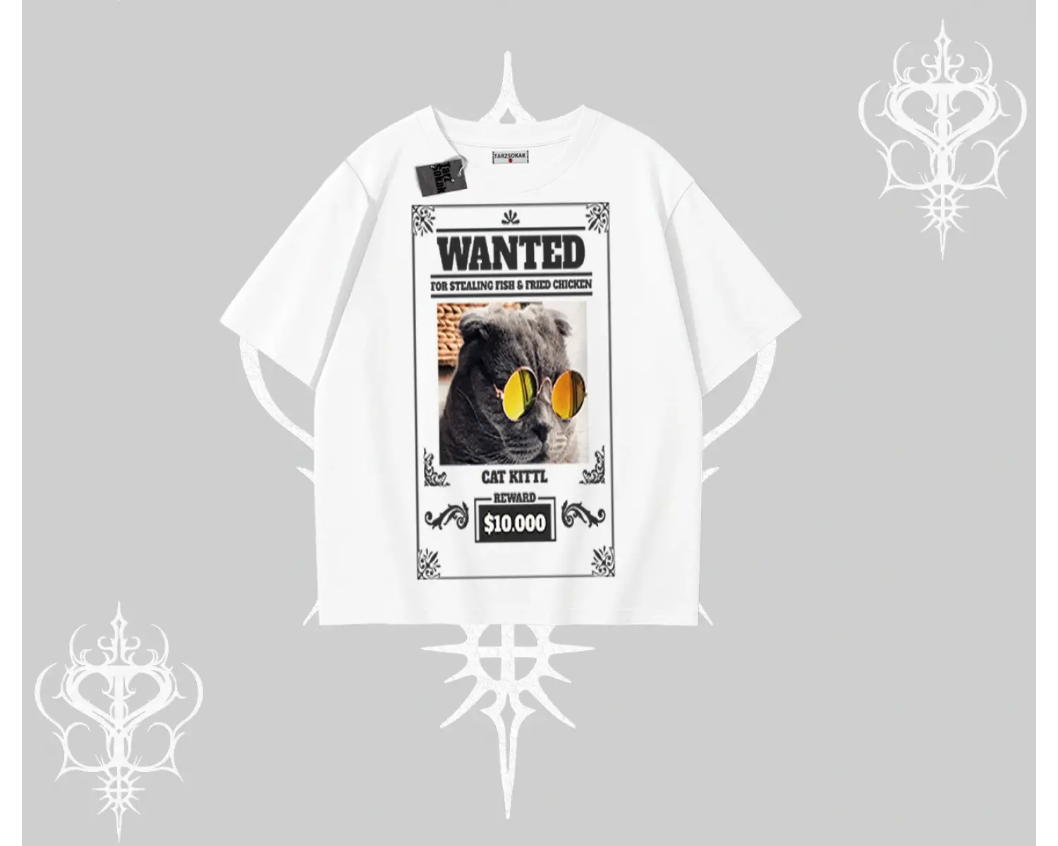 Wanted Temalı Kedi Baskılı Oversize Tshirt