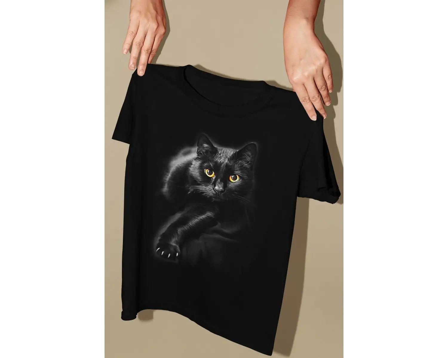 Wed Unisex Siyah Renk, Modern Regular Fit Kalıp, Yumuşak Kumaş Sevimli Kedi Tshirt