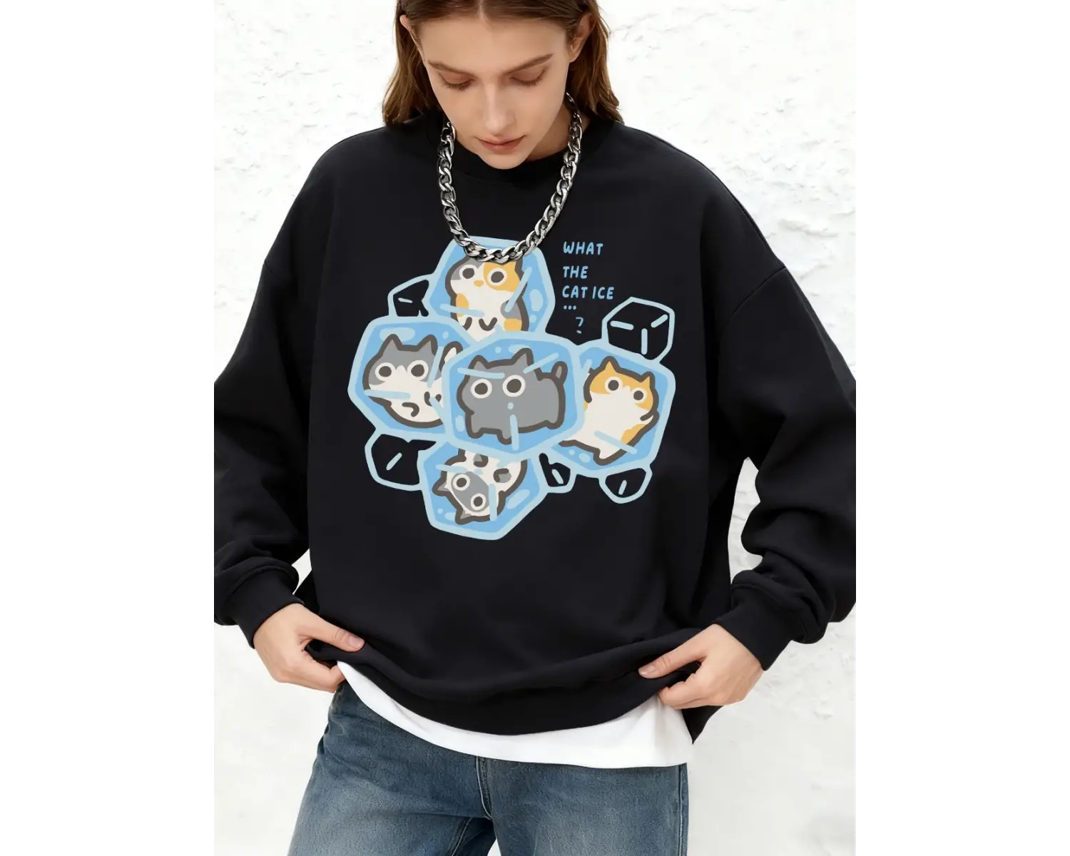 What The Cat Ice Baskılı Sweatshirtler Kadın Sonbahar Yuvarlak Yaka Oversize Kapüşonlu Üstler