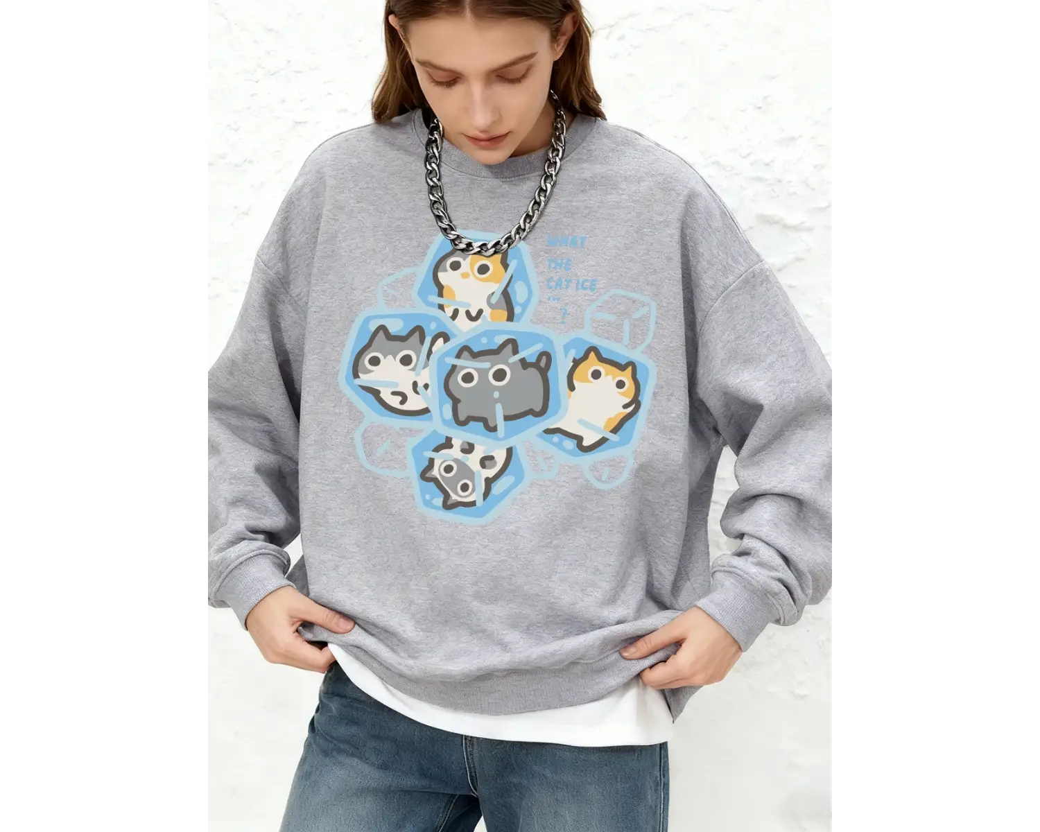What The Cat Ice Baskılı Sweatshirtler Kadın Sonbahar Yuvarlak Yaka Oversize Kapüşonlu Üstler