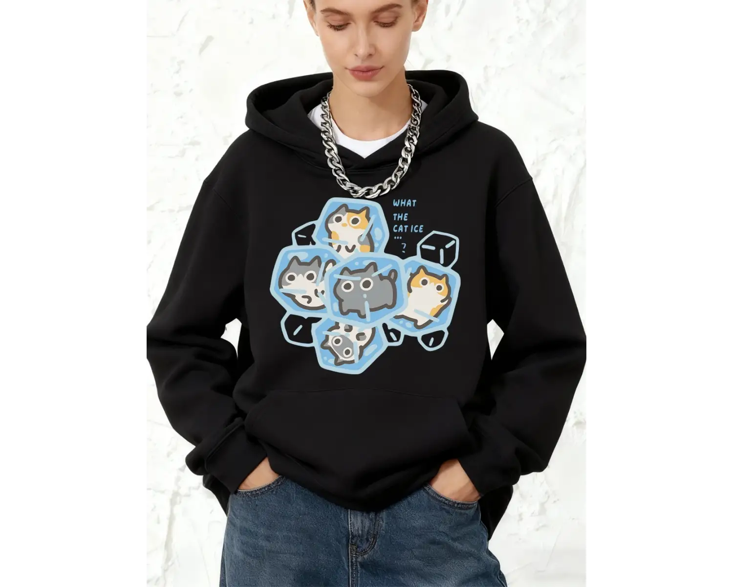 What The Cat Ice Prints Pamuklu Kapüşonlular Kadın Sportif Bol Kazak Kışlık Polar Sıcak Kazak