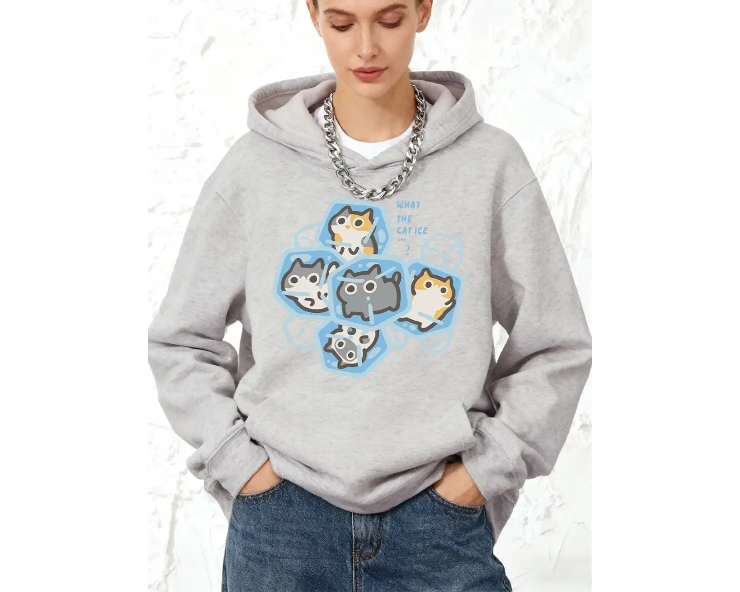 What The Cat Ice Prints Pamuklu Kapüşonlular Kadın Sportif Bol Kazak Kışlık Polar Sıcak Kazak