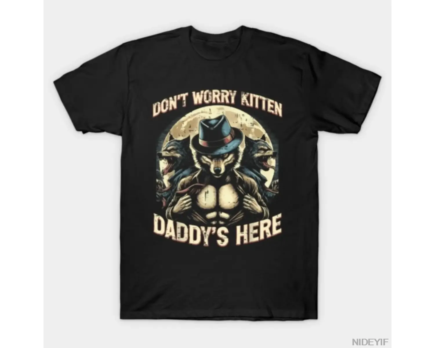 Wolf Dont Worry Kitten Daddys Here Meme Cringe T-shirt Erkekler Kadınlar için %100 Pamuklu T