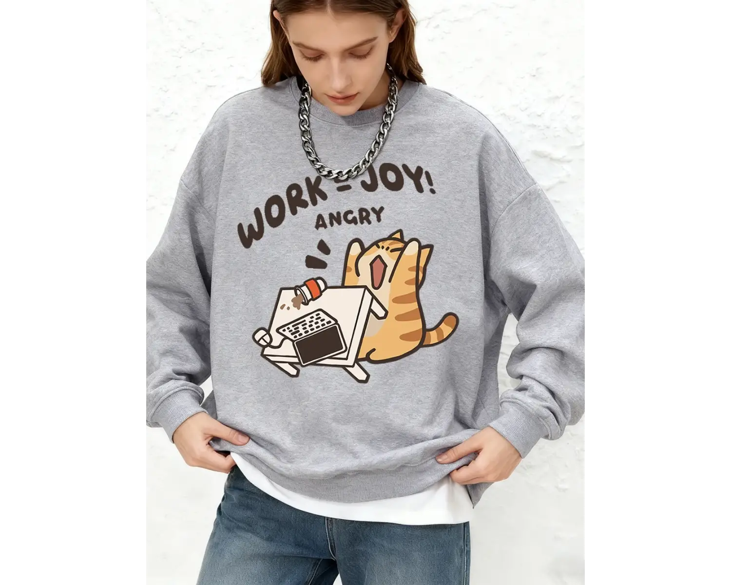 Work=Joy Angry Cat Baskılı Sweatshirt Kadın Günlük Bol Kesim Jogger Kapüşonlu Uzun Kollu Sıca
