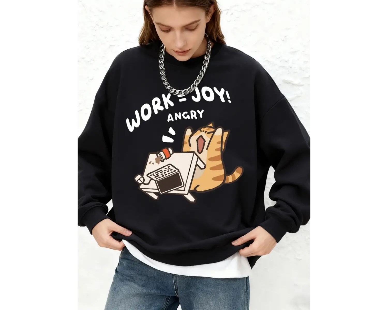 Work=Joy Angry Cat Baskılı Sweatshirt Kadın Günlük Bol Kesim Jogger Kapüşonlu Uzun Kollu Sıca