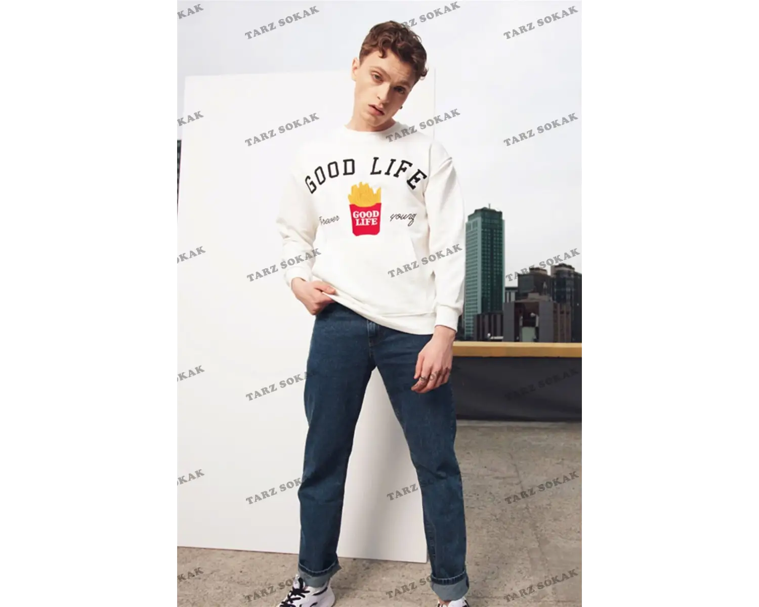 Y2K Unisex Ekru Bts Good Life Sweatshirt KOD 2058