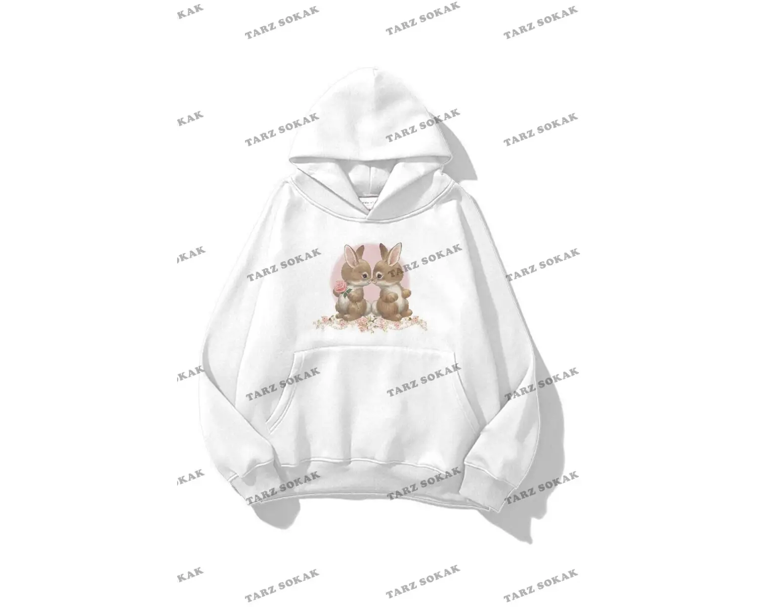 Y2K Unisex Two Rabbit with Flower Sweatshirt KOD 1542 Beyaz