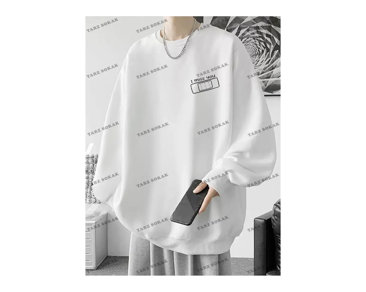 Y2K Unisex Two Rabbit with Flower Sweatshirt KOD 1542 Beyaz