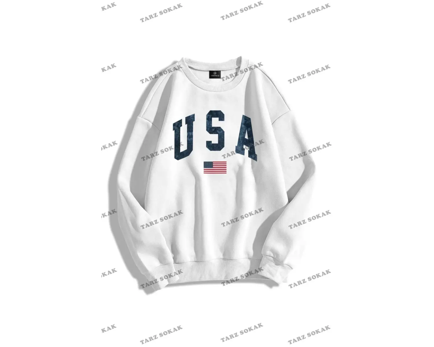 Y2K Unisex Usa Flag Bisiklet Yaka Sweatshirt KOD 1830 Beyaz