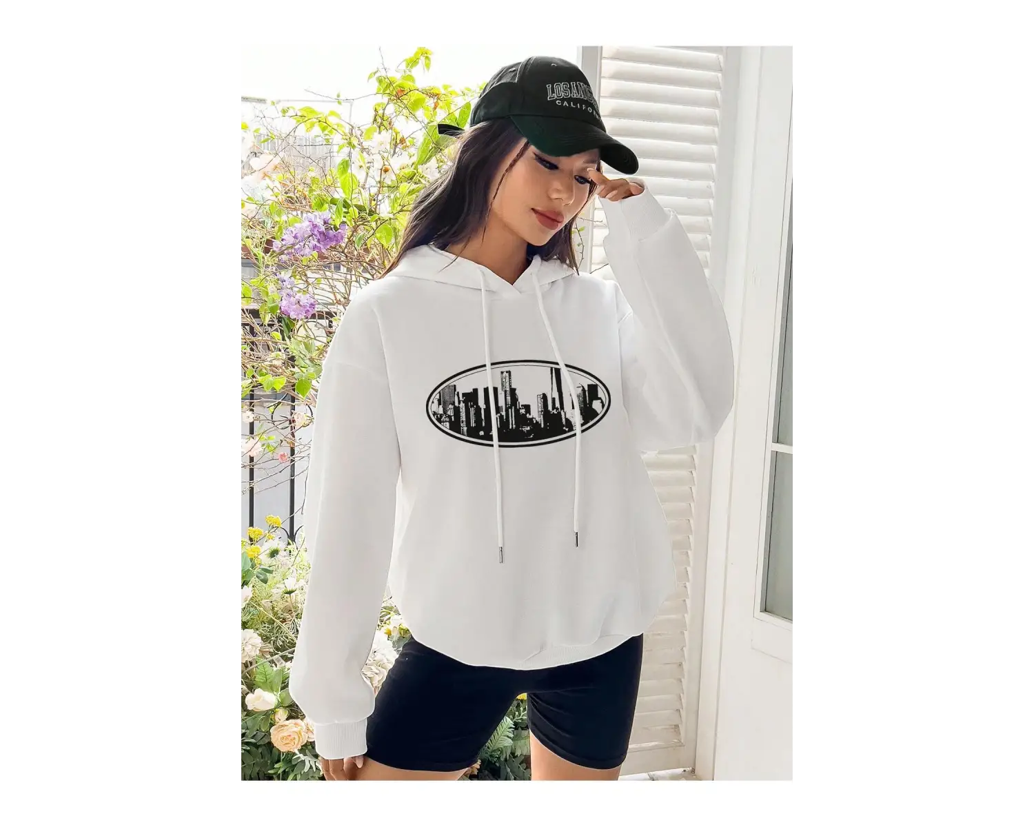 Yapı Desenli Damla Omuz İpli Kapüşonlu Üst Beyaz