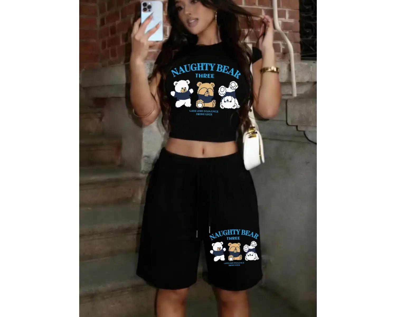 Yaramaz Ayı Üç Baskılı Babby TeeT-Shirt Pantolon Yaz İki Parçalı Set Üstleri Şort Sportif Büyük B