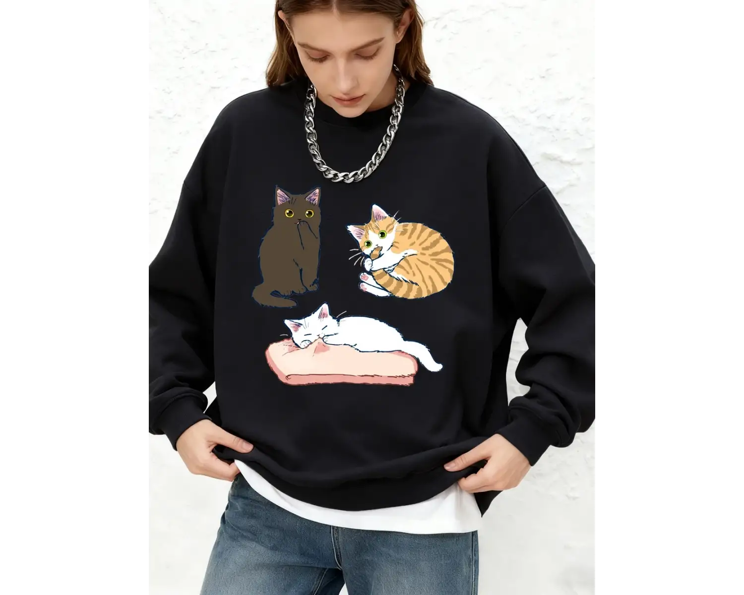 Yaramaz Üç Renkli Yavru Kedi Baskı Kazak Kadın Rahat O-Boyun Gevşek Hoodie Sıcak Uzun Kollu Ü