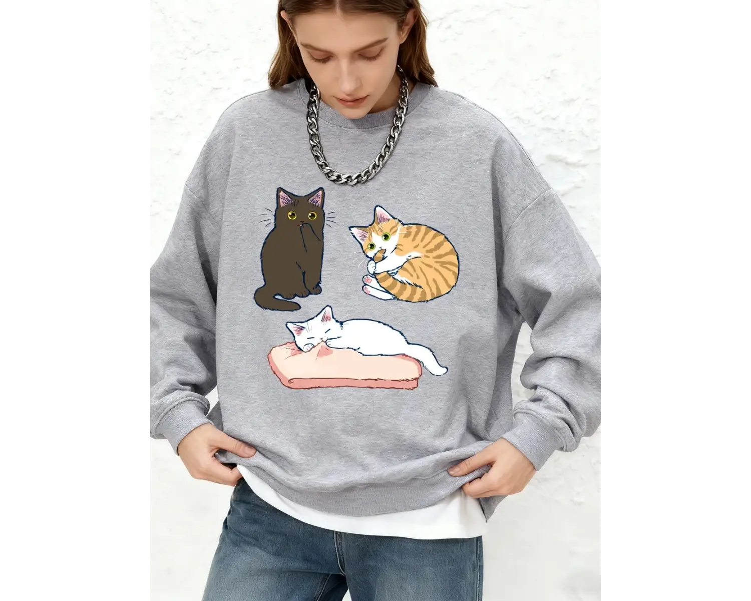 Yaramaz Üç Renkli Yavru Kedi Baskı Kazak Kadın Rahat O-Boyun Gevşek Hoodie Sıcak Uzun Kollu Ü