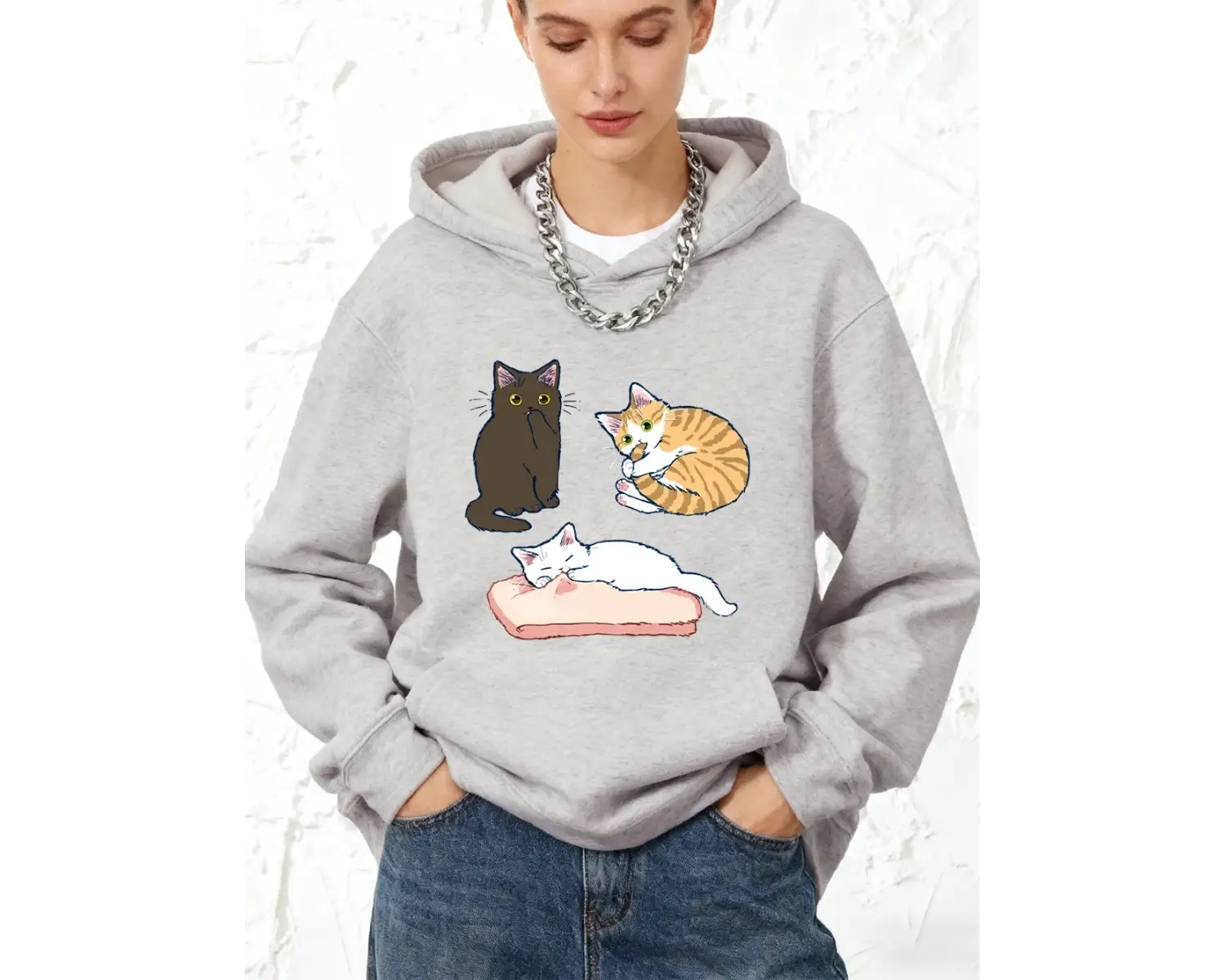 Yaramaz Üç Renkli Yavru Kedi Baskılı Pamuklu Kapüşonlu Kadın Sporcu Bol Kazak Kışlık Sıcak Sw