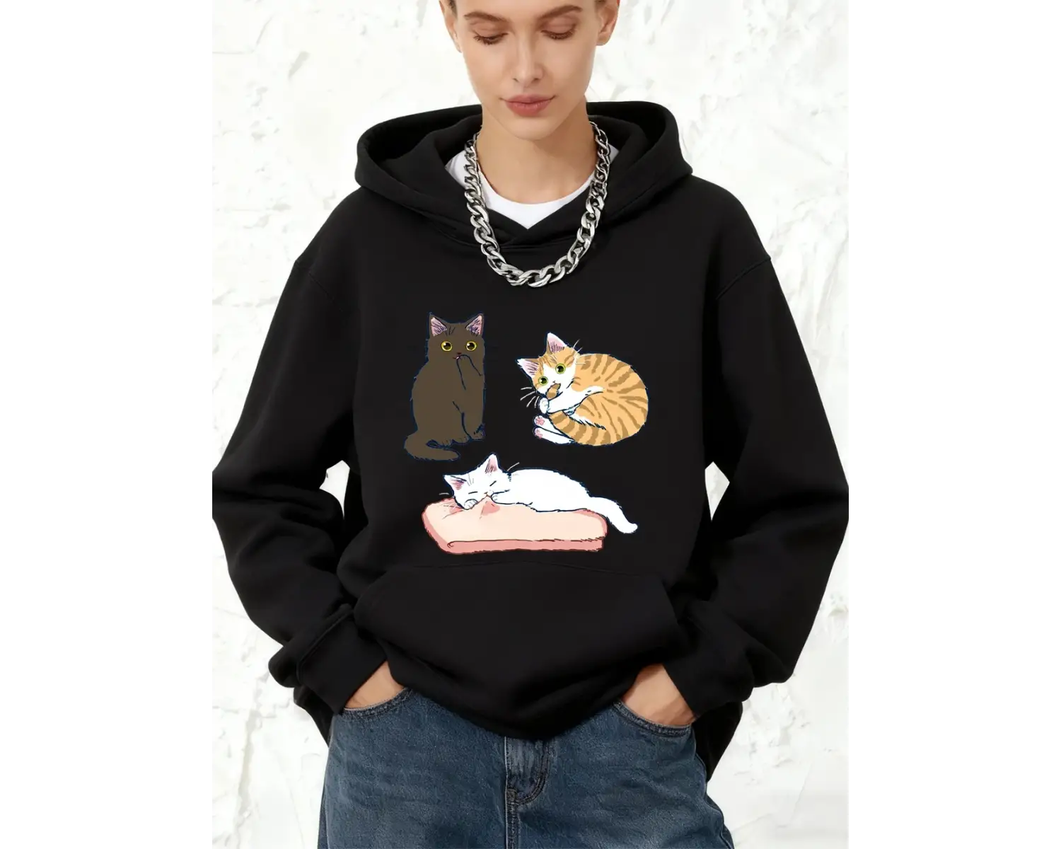 Yaramaz Üç Renkli Yavru Kedi Baskılı Pamuklu Kapüşonlu Kadın Sporcu Bol Kazak Kışlık Sıcak Sw
