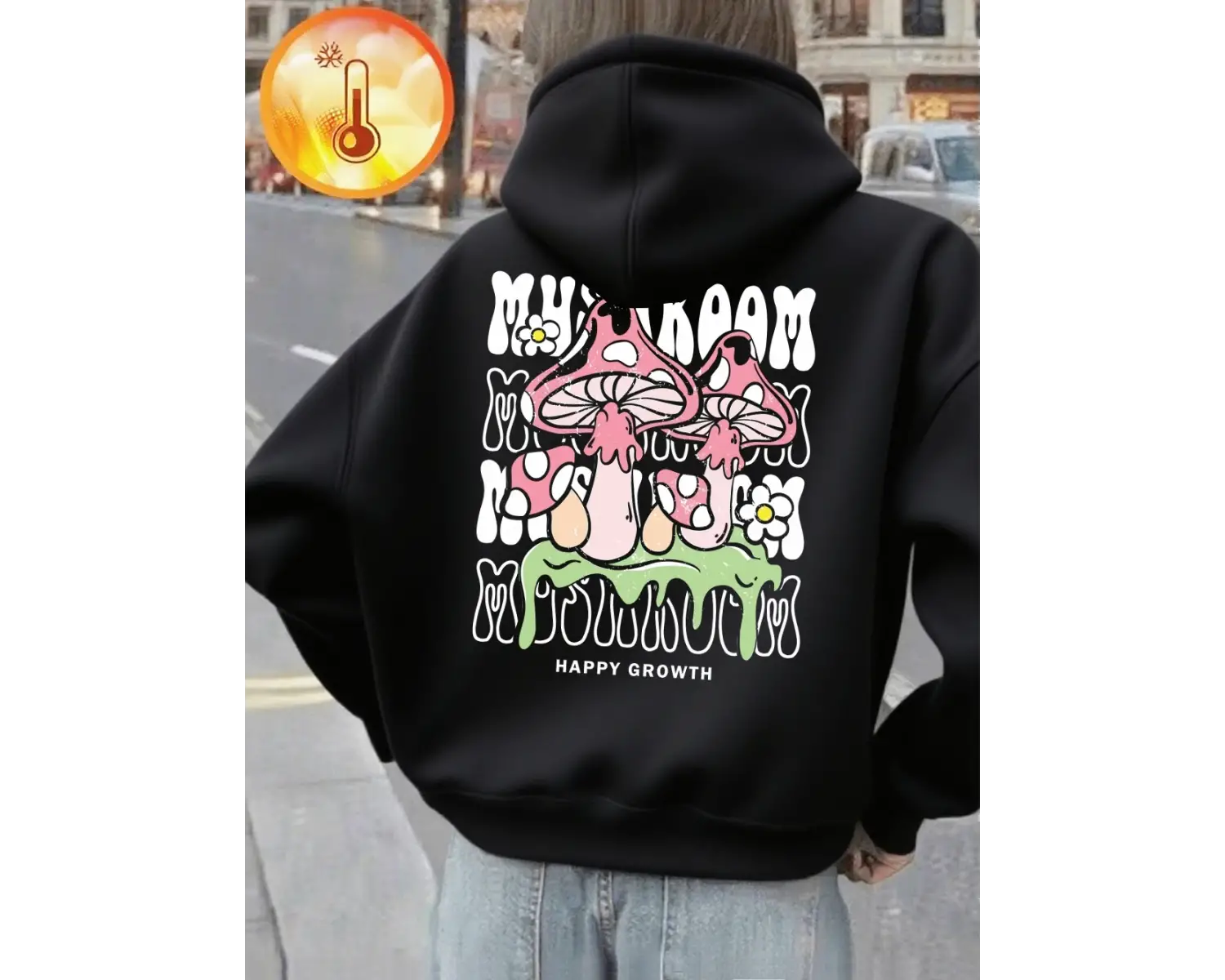 Yaratıcı Mantar Mektup Baskılar Hoodie Kadın Kış Polar Sıcak Kazak Temelleri Cep Kazak Rahat