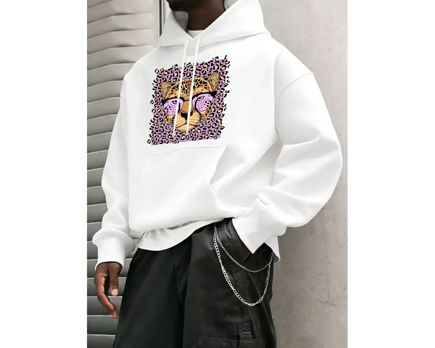 Yaratıcı Mor Leopar Baskılı Kapüşonlular Erkekler Rahat Genç Giysiler Gevşek Sonbahar Sokak Ş