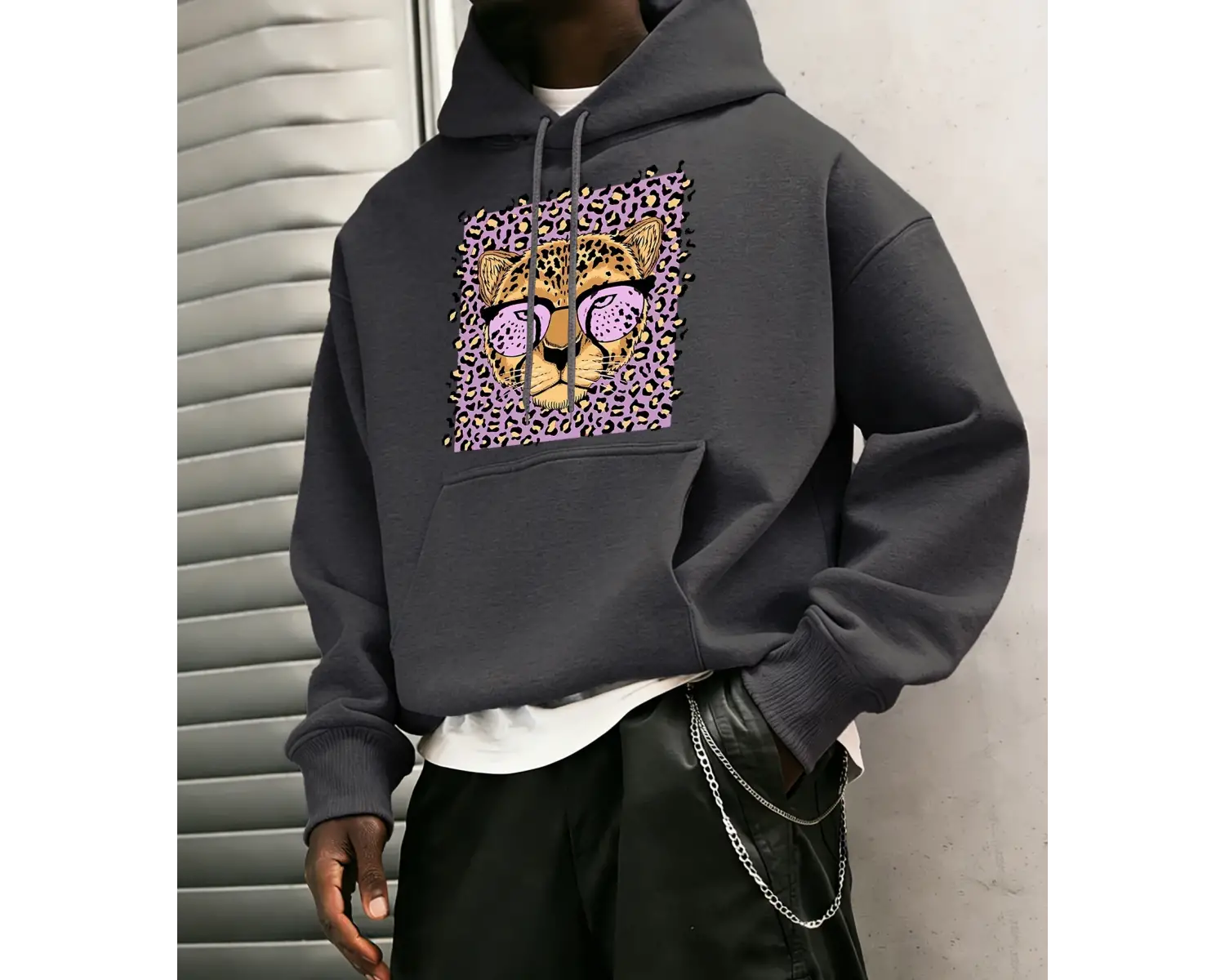 Yaratıcı Mor Leopar Baskılı Kapüşonlular Erkekler Rahat Genç Giysiler Gevşek Sonbahar Sokak Ş