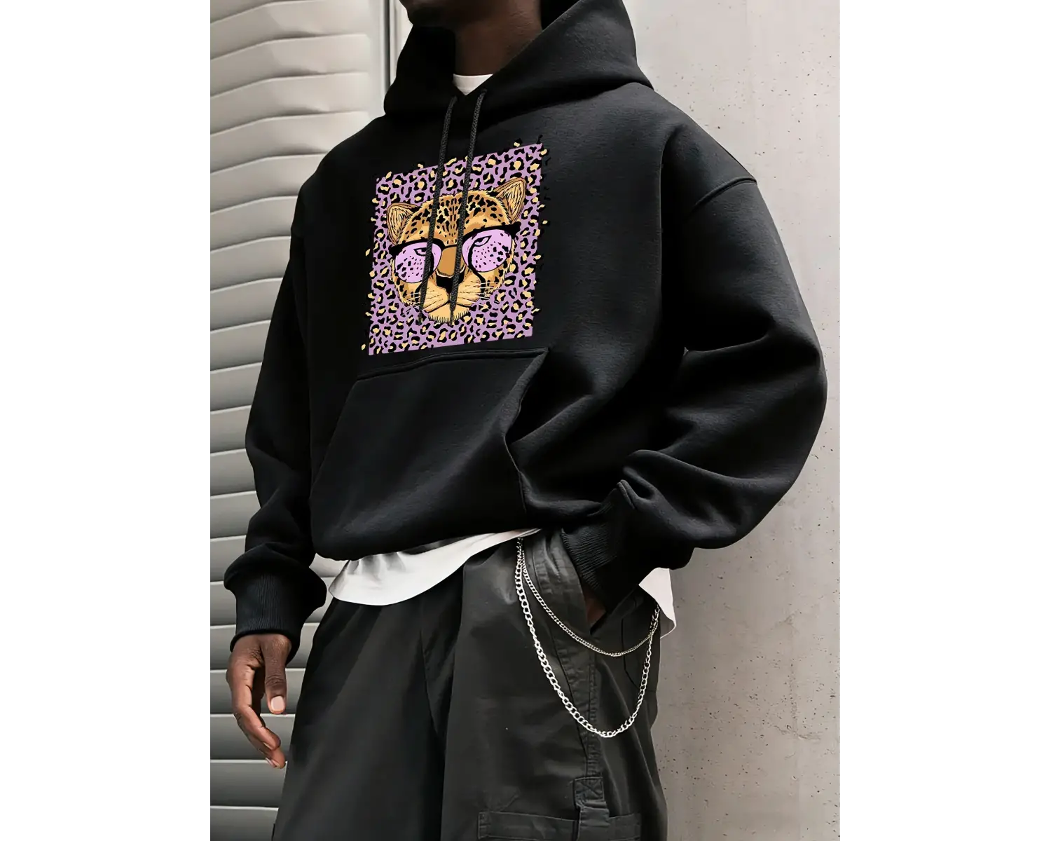 Yaratıcı Mor Leopar Baskılı Kapüşonlular Erkekler Rahat Genç Giysiler Gevşek Sonbahar Sokak Ş