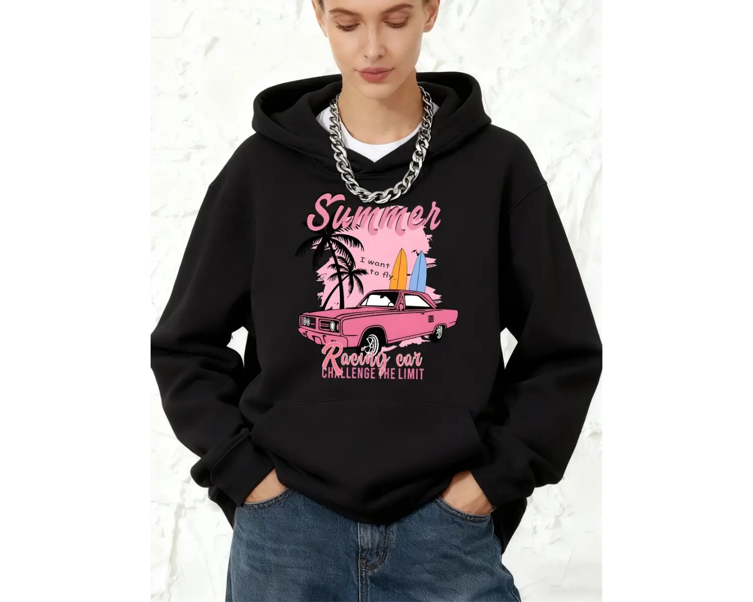 Yarış Arabası Mücadelesi Limit Baskılar Kapüşonlular Pamuklu Kadın Koşu Cepli Üstler Sportif