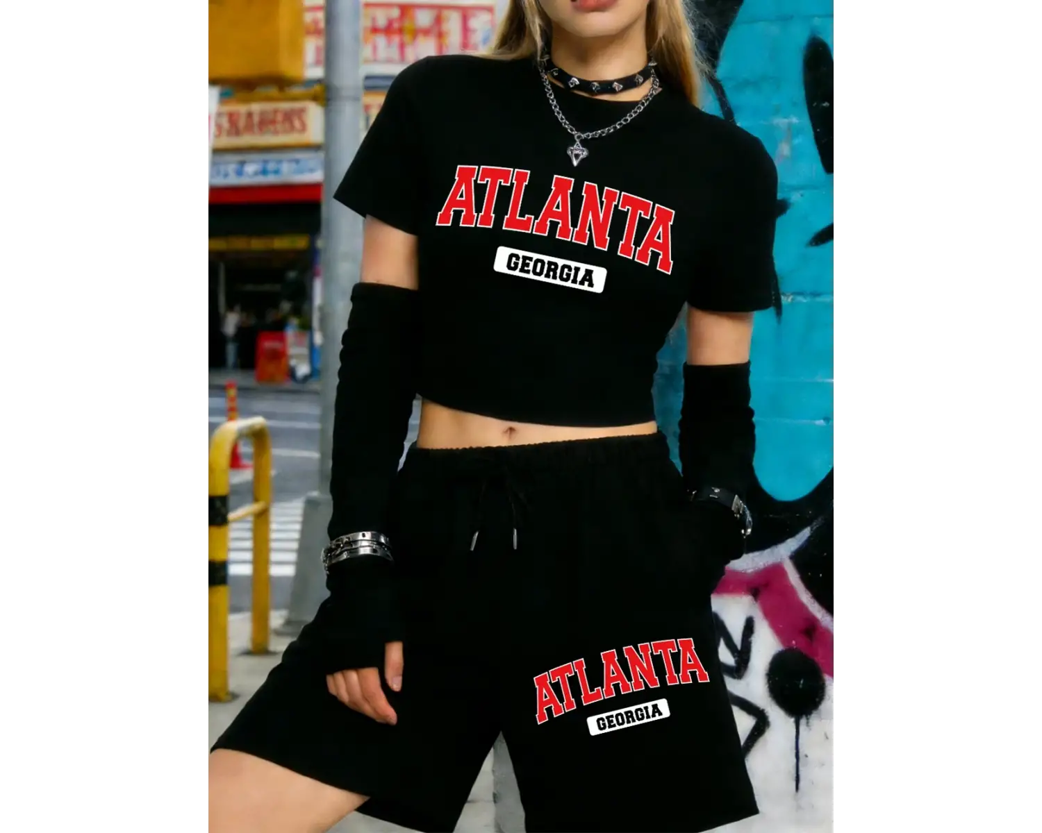 Yaz Atlanta Georgia Mektup Baskılı Babby TeeT-Shirt Şort Kadın İki Parçalı Set Beş Nokta Pantolon