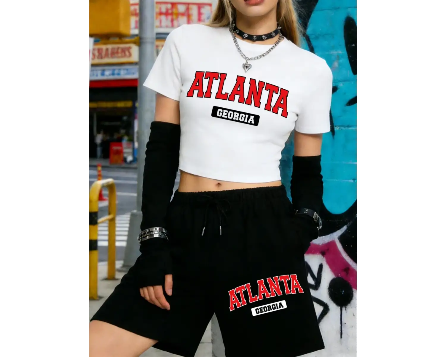 Yaz Atlanta Georgia Mektup Baskılı Babby TeeT-Shirt Şort Kadın İki Parçalı Set Beş Nokta Pantolon