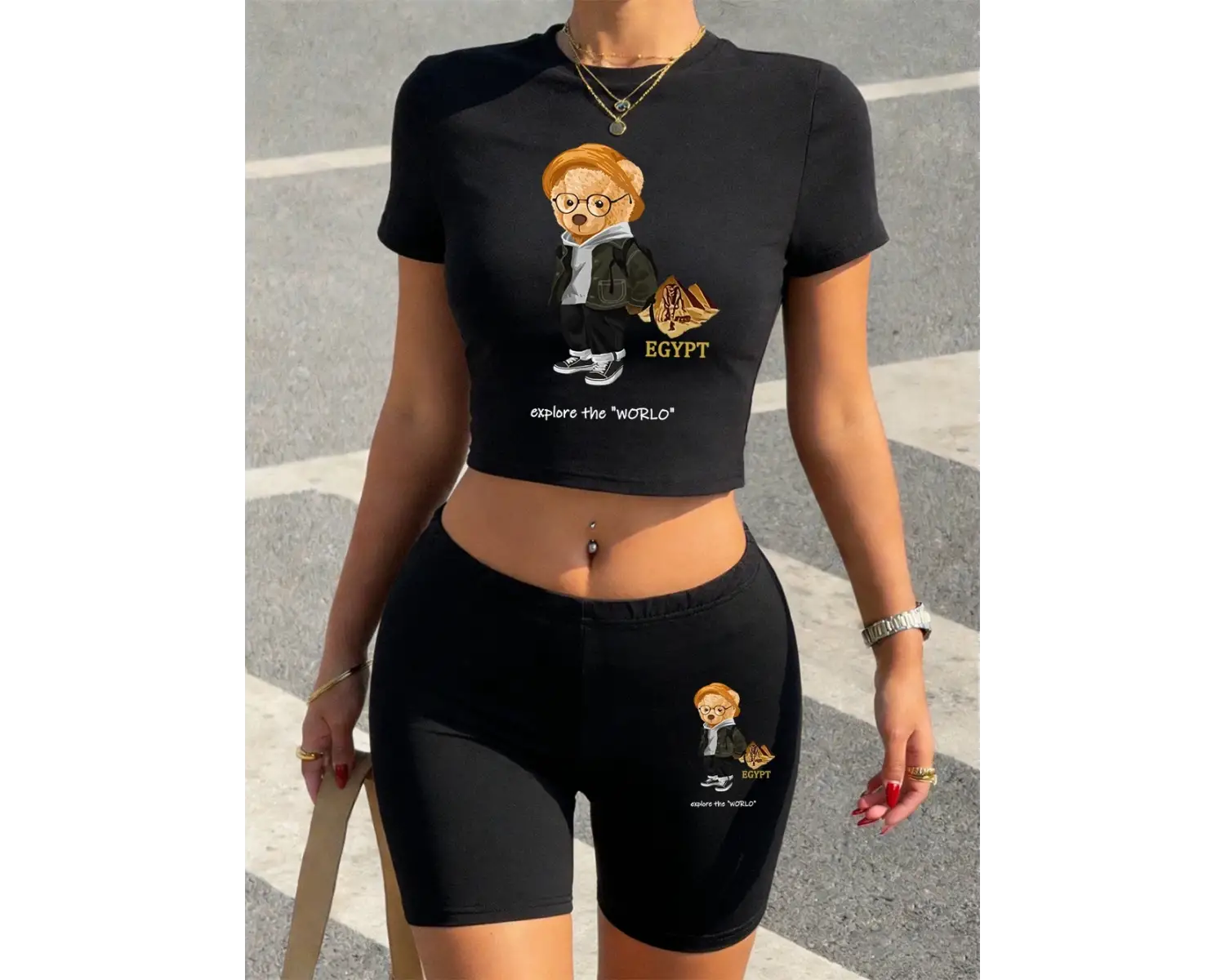 Yaz Ayısı Dünyayı Keşfedin Baskılı Babby Tees Şort Kadın Seksi İki Parçalı Set Tişörtler Yükse