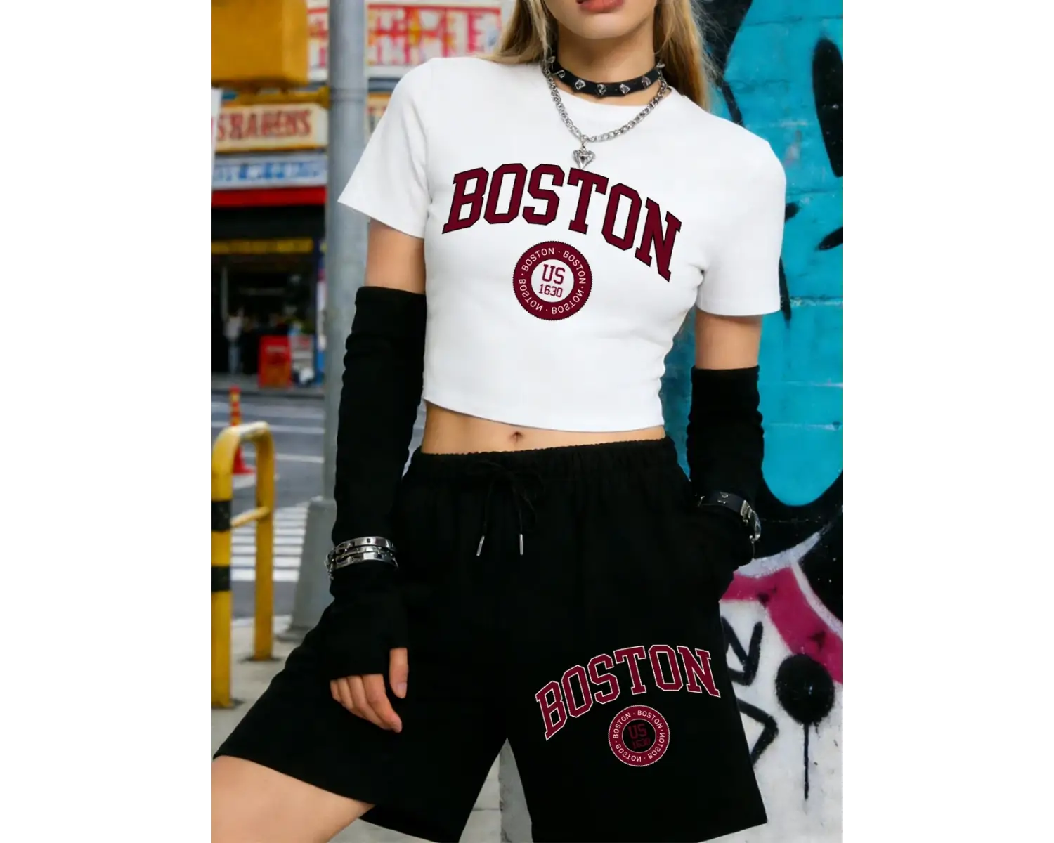 Yaz Boston Şehri Us 1630 Harfli Baskılı Babby Teelar Şortlar Kadın İki Parçalı Set Beş Cepli P