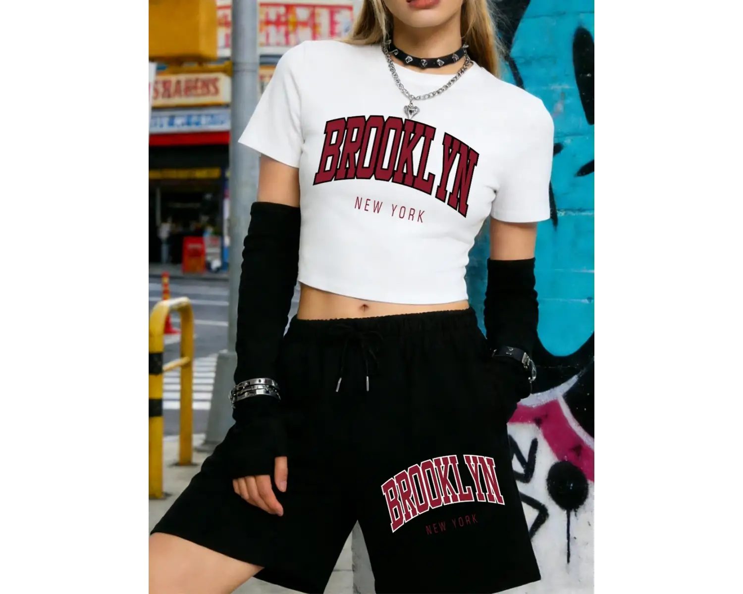 Yaz Brooklyn New York Baskılı Babby Teelar Şortlar Kadın İki Parçalı Set Beş Cepli Pantolonlar