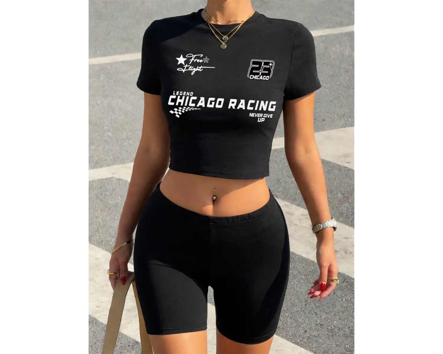 Yaz Chicago Yarışları Asla Pes Etme Baskılı Babby TeeT-Shirt Şort Kadın İki Parçalı Set Üstleri P