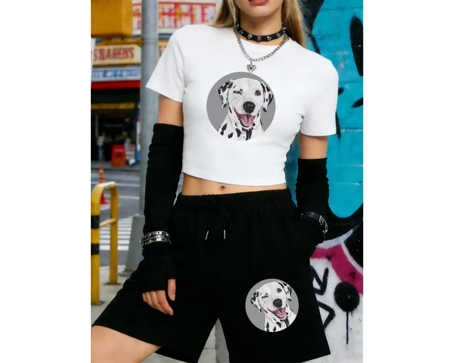 Yaz Dalmaçyalı Köpek Baskılı Babby TeeT-Shirt Şort Kadın Seksi İki Parçalı Set Diz Boyu Pantolon