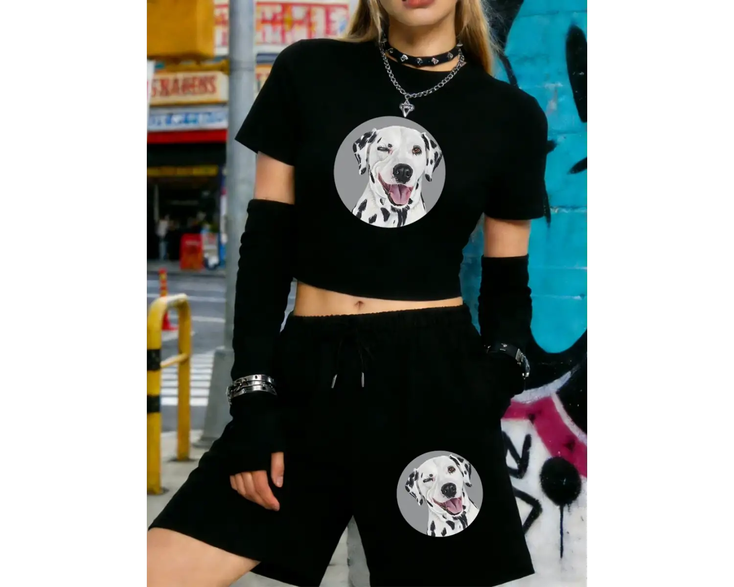 Yaz Dalmaçyalı Köpek Baskılı Babby TeeT-Shirt Şort Kadın Seksi İki Parçalı Set Diz Boyu Pantolon