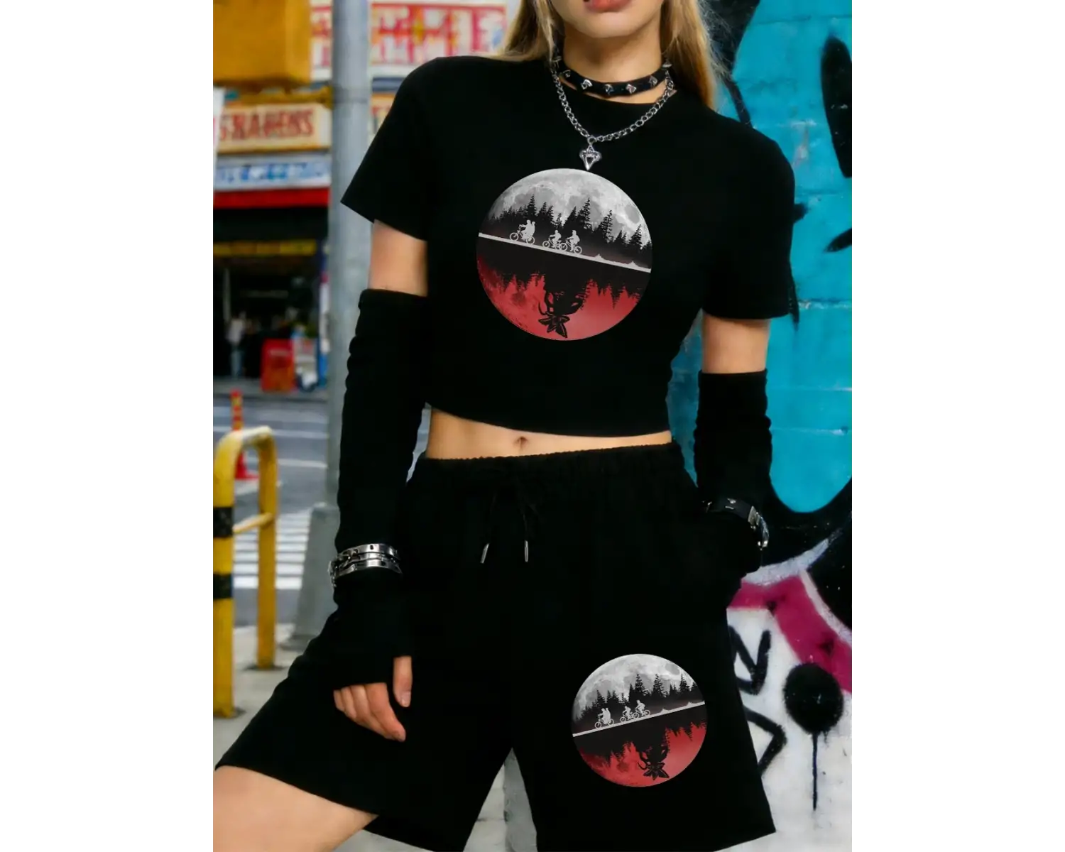 Yaz Erkek Bisiklet Sürme Baskı Kırpma Üstleri Şort Kadın İki Parçalı Set Beş Nokta Pantolon Y